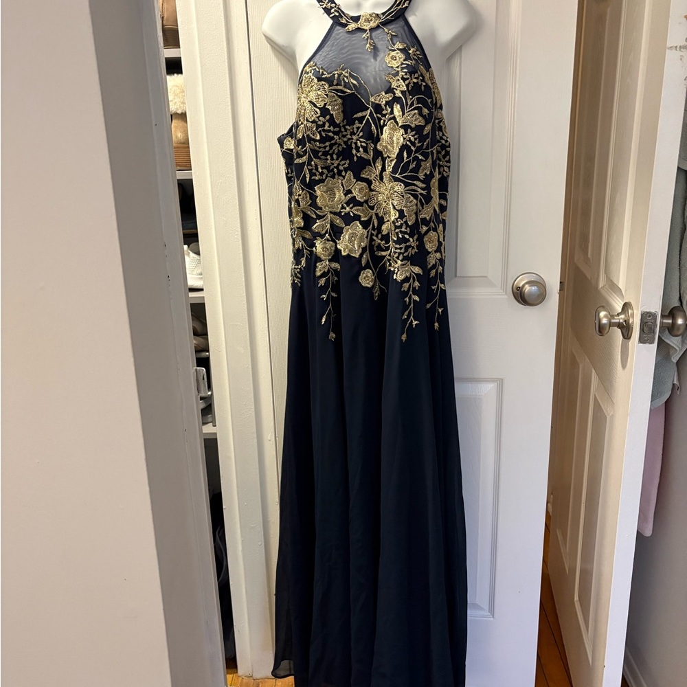 Elegant Navy and Gold Embroidered Gown